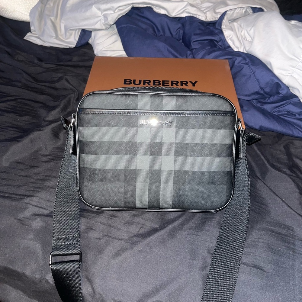 Burberry Black Messenger Bag with Leather Trim and Adjustable Strap